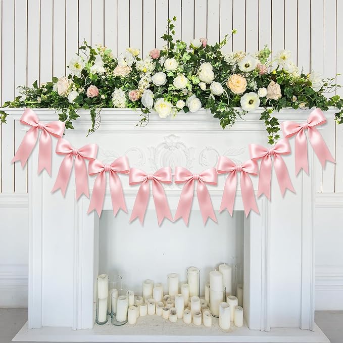 1 String of 8PCS Pink Bow Garland Banner Decoration,Pre-Strung Satin Ribbon Ornaments for Birthday,Bachelorette Party,Bridal Shower,Wedding,Engagement,Baby Shower,Graduation Decor,Anniversary