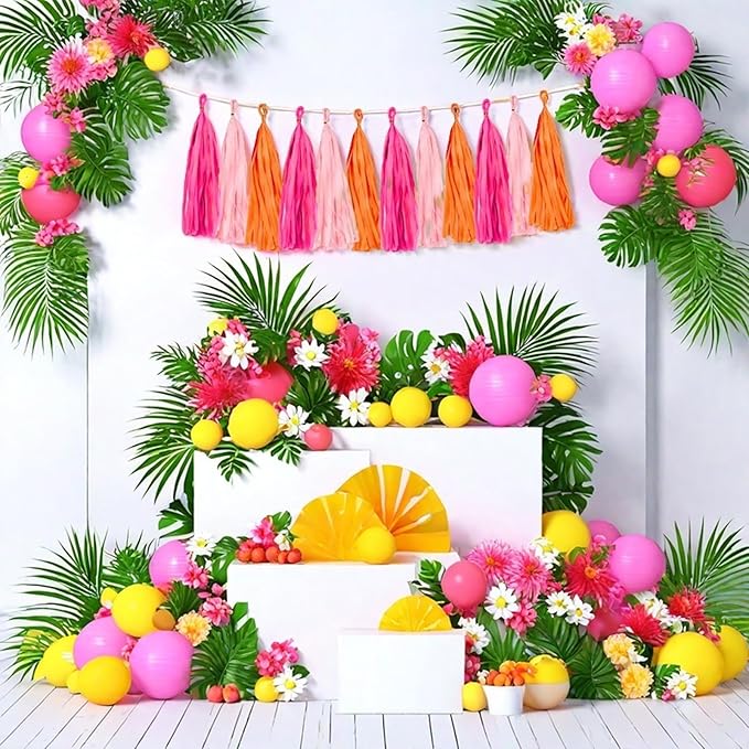 Rose red Pink and Orange Tassel Garland Banner Paper Tassels for Party Decorations,Pack of 15