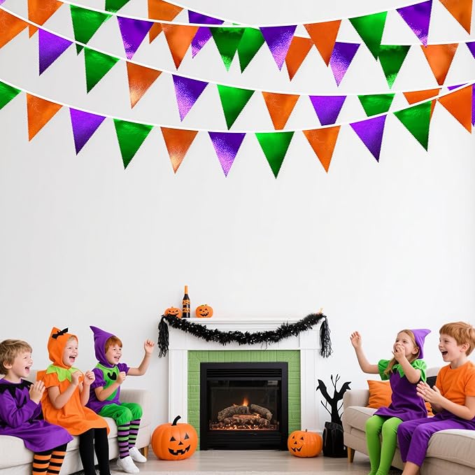 Halloween Party Decorations Metallic Fabric Green Orange Purple Triangle Pennant Banner Flag Bunting for Trick or Treat Spooky Hey Boo Happy Halloween Holiday Birthday Baby Shower Party Supplies