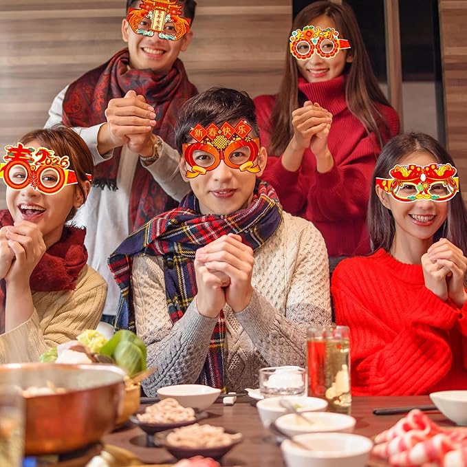 16PCS Chinese New Year Glasses, Lunar New Year Paper Eyeglasses Photo Booth Props for Year of the Horse Party Supplies