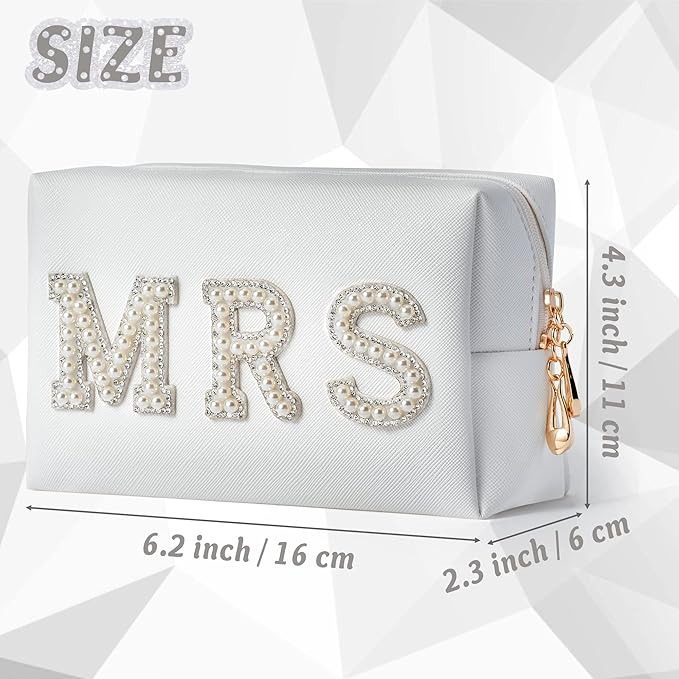 Y1tvei Bride Makeup Bag, Bridal Cosmetic Bag, Fiance Gifts for Women, Engagement Gift Basket for Her Bridal Shower, Mrs Bling Rhinestone Patches Wedding Purse, PU Leather Travel Toiletry Bag