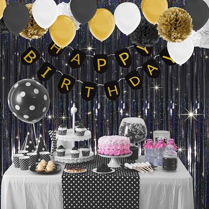 QRabbit 4 Pack Black Tinsel Foil Fringe Curtains - 3.3x6.6 Ft Metallic Party Streamers Backdrop for Birthday Wedding Christmas Party Decor, Self-Adhesive Photo Booth Wall Door Decorations