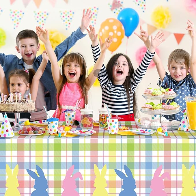 3Pcs Spring Easter Buffalo Plaid Checkered Tablecloth Decorations,Plastic Bunny Watercolor Pink Blue Yellow Green Pastel Disposable Table Cover for Spring Birthday Easter Party Supplies,54 x 108 Inch