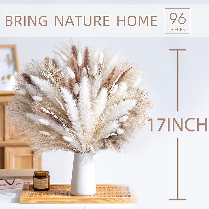 96PCS Natural Dried Pampas Grass Boho Home Decor Bouquet Phragmites Dried Flowers Bouquet for Wedding Floral Arrangements Living Room Decorations (96PCS)