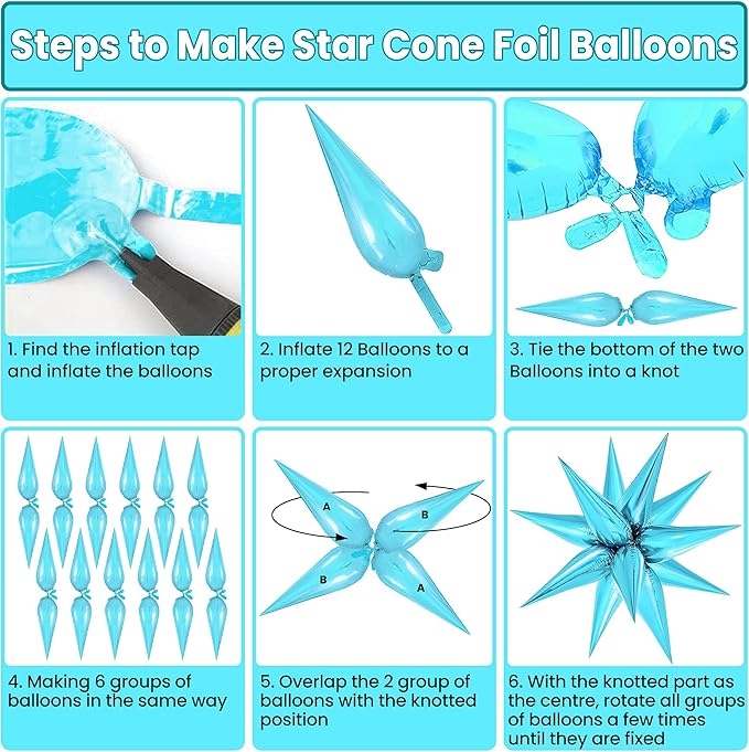 KatchOn, Light Blue Star Cones, 26 Inch - Pack of 50, Turquoise Starburst Balloon for Winter Decorations, Baby Shower, Christmas, Unisex, Number of Pieces 62