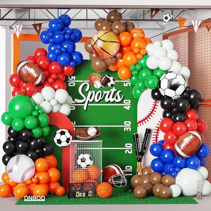 Sports Balloon Arch Kit,154Pcs Colorful Balloon Garland with Football,Basketball,Soccer,Baseball Foil Balloons for Ball Games Day Theme Baby Shower Rugby All Sports Birthday Party Decorations