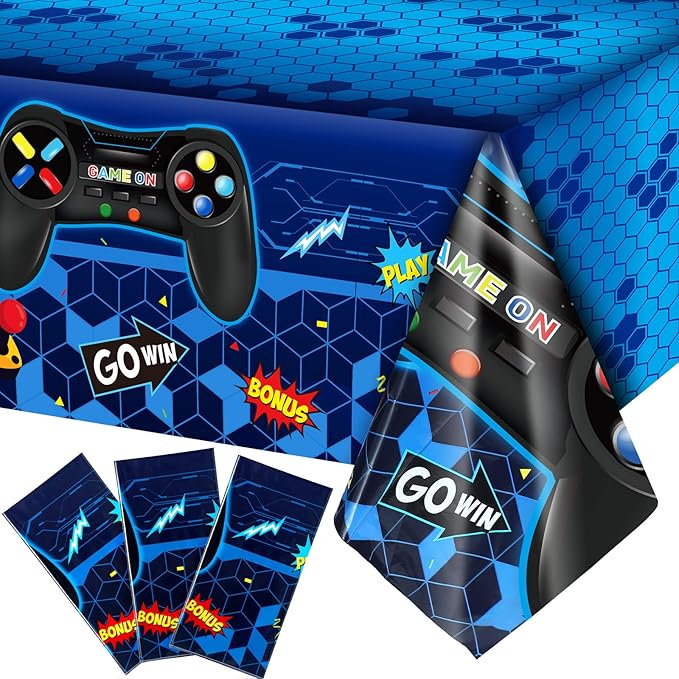 Tatuo 3 Pcs Video Game Table Cover, Game Theme Birthday Decoration Plastic Table Cloth Party Supplies for Boys Girls Kids Player Geek Party Decorations, 54 x 108 Inch (Blue)