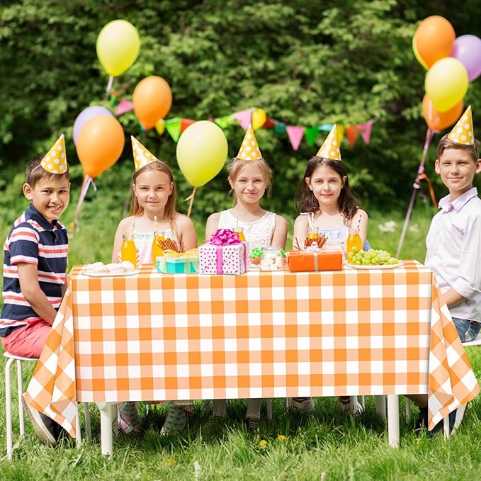 WNINK 4 Pack Orange and White Checkered Rectangular Plastic Tablecloths, Orange Gingham Waterproof Disposable Table Covers 54" x 108" for Birthday, Wedding, Outdoor Picnic Camping Parties