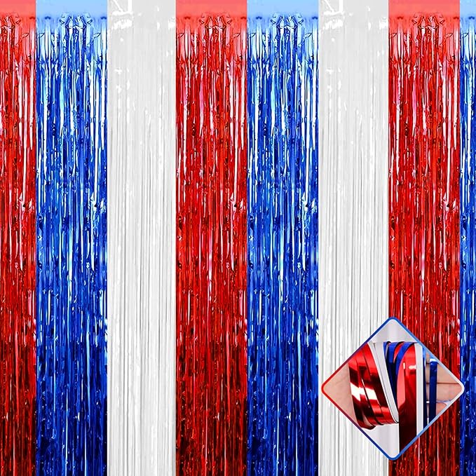 4 Pack 3.2Ft x 9.8Ft Foil Fringe Curtain Backdrop, Red Blue White Metallic Tinsel Foil Fringe Streamers Curtains Background for Photo Booth, Birthday, Wedding, Independence Day Party Decoration