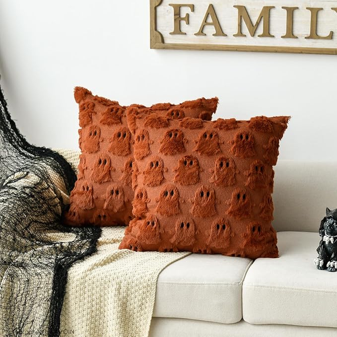 AVOIN colorlife Halloween Ghost Caramel Throw Pillow Cover Set of 2, 20 x 20 Inch Soft Plush Faux Fur Jacquard Spooky Cushion Case Decoration for Sofa Couch