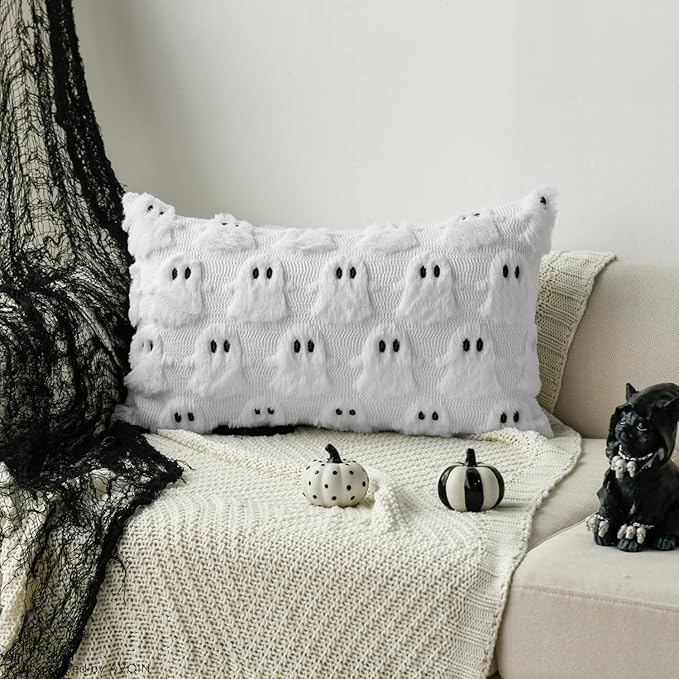 AVOIN colorlife Halloween Ghost White Throw Pillow Cover Set of 2, 12 x 20 Inch Soft Plush Faux Fur Jacquard Spooky Cushion Case Decoration for Sofa Couch