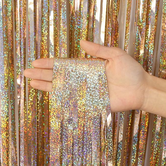 2 Pack Fringe Curtains Backdrops, Foil Fringe Curtains, Door Streamers for Birthday Wedding Bridal Shower Holiday Graduation Party Decorations, Photo Booth Backdrops, Glitter Champagne