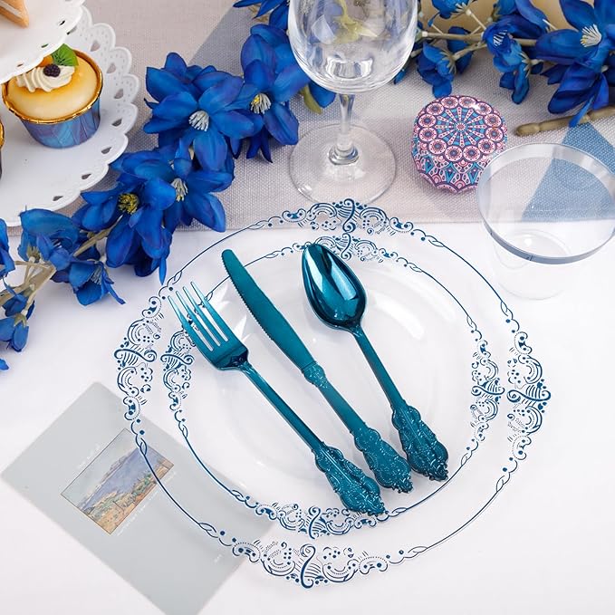 Hioasis 350pcs Clear Blue Plastic Plates - Elegant Disposable Dinnerware Set Suitable for 50 Guests Include 10.25" Dinner & 7.5" Dessert Plates, Pre Rolled Silverware Set, Cups for Party & Wedding