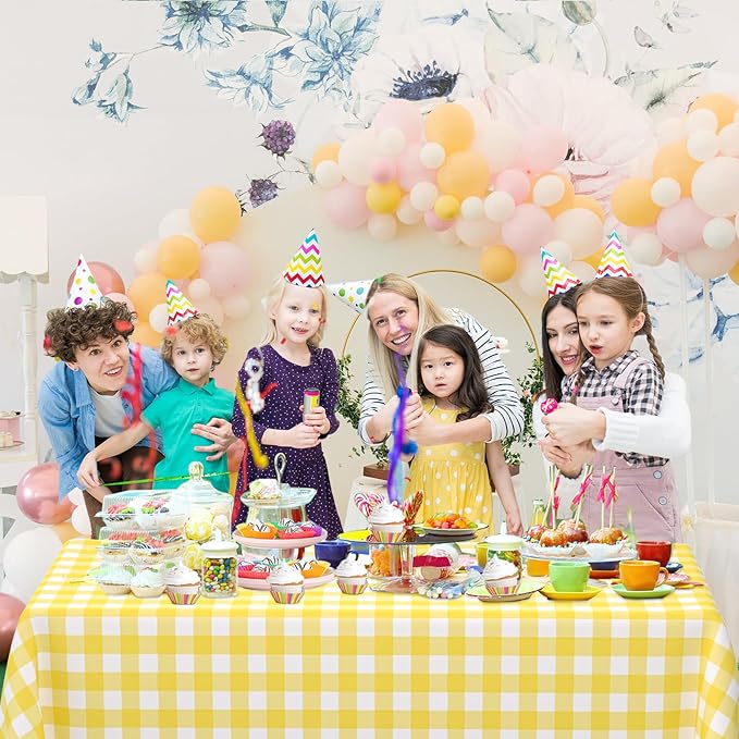 WNINK 6 Pack Light Yellow Gingham Rectangular Plastic Tablecloths, Yellow and White Checkered Disposable Table Covers 54" x 108" for Birthday, Wedding, Bridal Shower, Outdoor Picnic Camping Parties