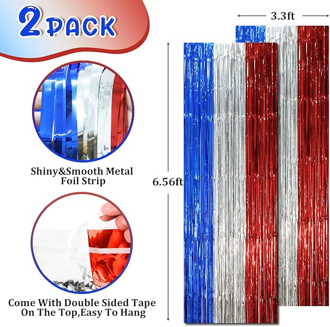2 Pack Blue Red Silver Foil Fringe Backdrop Curtains, Tinsel Streamers Party Decorations, Fringe Backdrop, Door Shimmer for Independence Day or Birthday Party