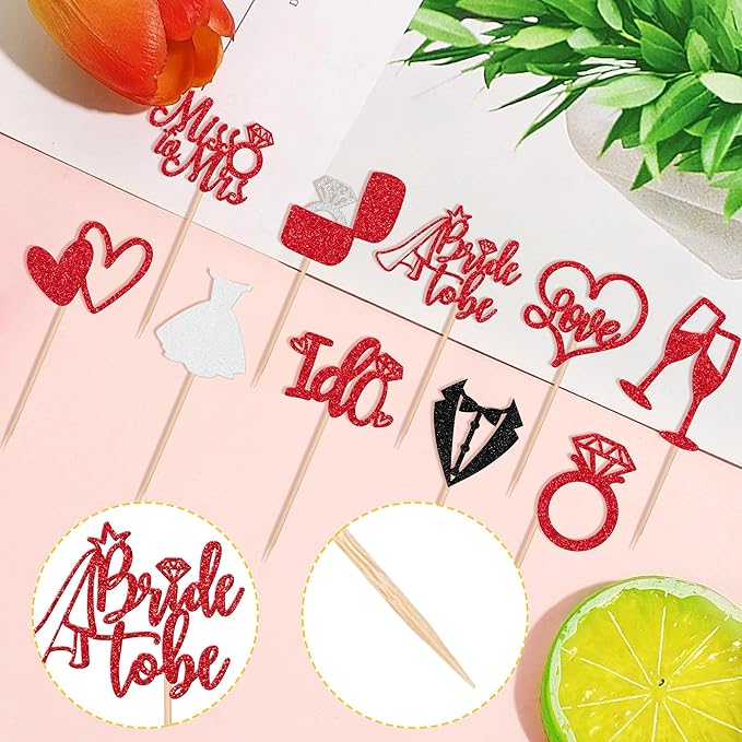 30 PCS Bride to Be Cupcake Toppers Glitter Miss to Mrs I Do Love Heart Ring Cupcake Picks Wedding Bridal Shower Cake Decorations for Wedding Engagement Bachelorette Party Supplies Red