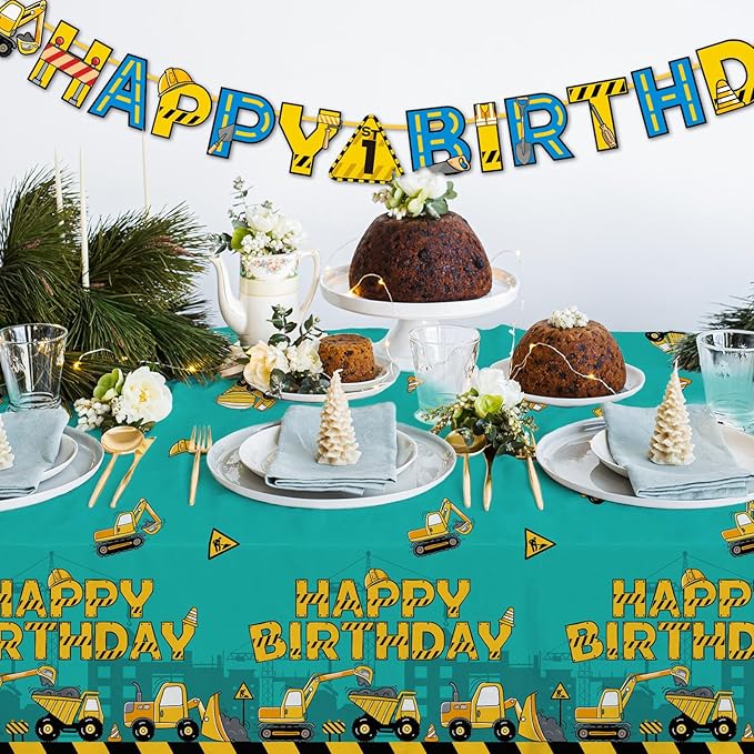 Construction Birthday Party Supplies Kit - Disposable Paper Plates, Napkins, Cups, Tablecloth, & Banner - Construction Theme Birthday Party Decorations, Serve 25
