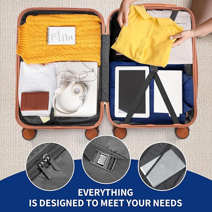 Karl home Carry On Luggage 22x14x9 Airline Approved, ABS Hardshell Suitcase with TSA Lock & Spinner Wheels, Durable Small Suitcase Rolling Luggage for Business Travel, Navy Blue & Brown