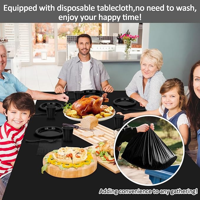 Black Plastic Plates for Party,50 Guest Disposable Plastic Plate Set 9" Plates,7" Dessert Plates,Napkins,Cups,Forks & Tablecloth for Birthday,Halloween,Christmas Parties,Graduations