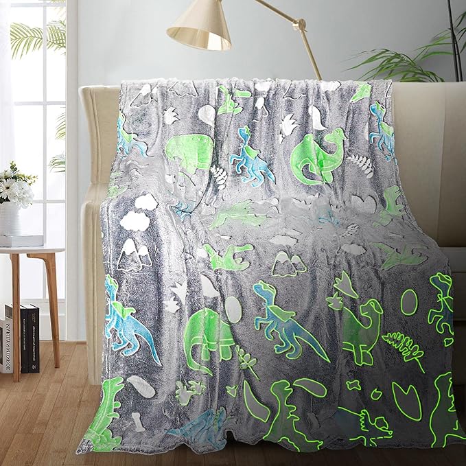 Personalized Dinosaur Glow in The Dark Kids Throw Blanket, 30"x40", Multicolor