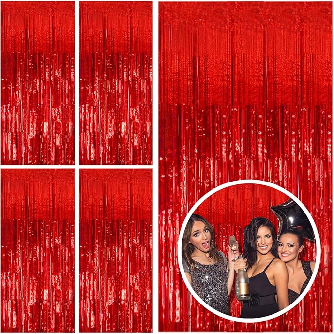 5 Pack Red Streamers Party Backdrop Christmas Decorations Foil Fringe Backdrop Curtains Carnival Casino Theme Birthday New Year Holiday Celebration Bachelorette Party Decorations Supplies