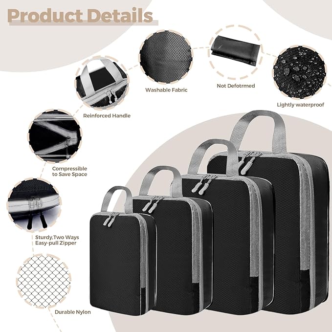 4 Set Compression Packing Cubes for Suitcase - Space-Saving Luggage Organizer Bags, Lightweight Travel Essentials for Efficient Packing (Black)