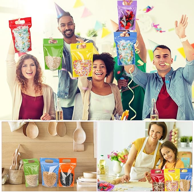 120 Pcs Plastic Gift Bag Bulk 5.5 x 8.7 Inch Resealable Party Goodie Bag with Clear Window Color Favor Pouch with Handle for Home Birthday Wedding Party Candy Gift Wrap Supply(Clear)