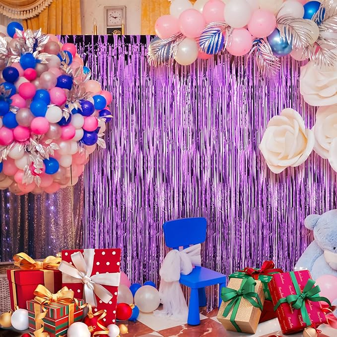 2 Pack Purple Foil Fringe Curtains Door Streamers Party Decorations 3.3 x 8.2 ft, Tinsel Curtain Fringe Backdrop for Parties, Door Fringe Birthday Streamers, Photo Booth Backdrops, Party Decor