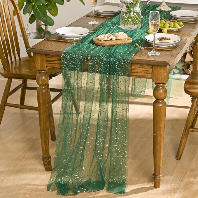 Horaldaily Green Gold Sparkling Star Gauze Tablecloth 60x84 Inch Rectangular, Golden Star Sequin Glitter Metallic Foil, Sheer Tulle Cheesecloth for Wedding Baby Shower Party