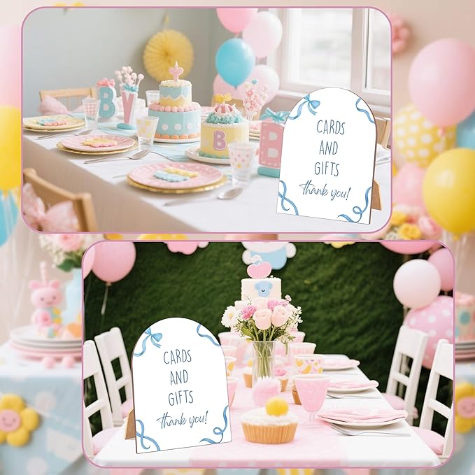Blue Bow Cards and Gifts Sign for Baby Shower, 6x8 Inch Arch Wooden Sign with Stand, Blue Baby Shower Table Sign, Gender Neutral Party Decoration - QW09