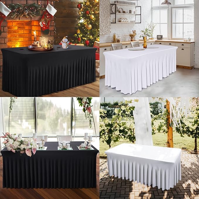 Table Skirt for 4 Foot Tables - 2 Pack One-Piece Black Tablecloths and Skirt, Wrinkle Resistant Ruffles Elastic Cover for Banquets, Weddings, Events, Parties