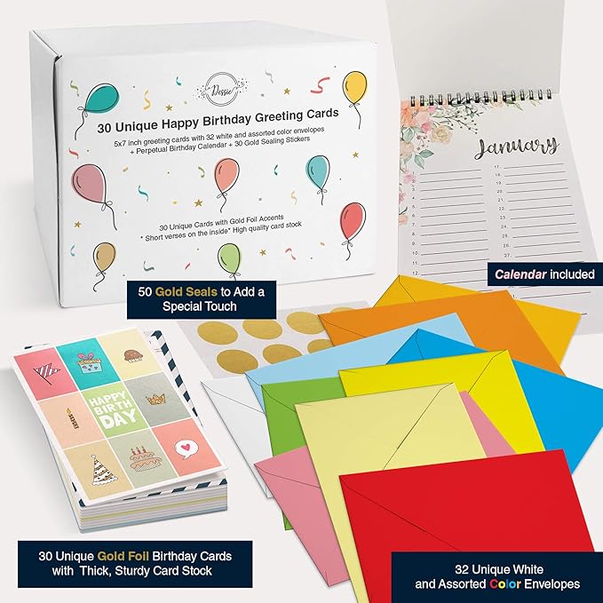 Dessie 30 Unique Happy Birthday Cards 5x7 - Gold Foil Birthday Cards Bulk With Message Inside. 32 White and Colored Envelopes, Perpetual Birthday Calendar and Gold Sealing Stickers Included In Box