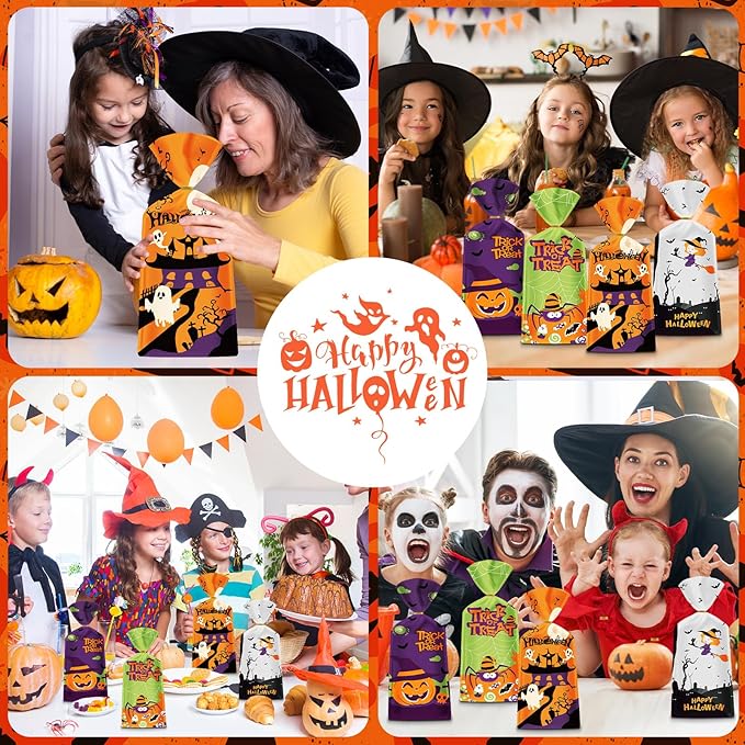 50 Pack Halloween Treat Bags - Plastic Halloween Goodie Bags, Happy Halloweens Candy Bag, Trick or Treat Snack Gift Cellophane Bags with Twist Ties for Kids Hallowen Party Birthday Supplies Favors