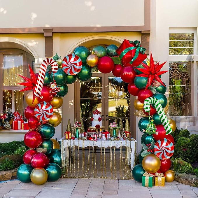 Christmas party decorations with Hunter Green Red Gold Balloon Garland Arch & Xmas Tree Santa Candy Cane Star lollipop gift box ribbons foil Balloons for friendsmas New Year's Eve Decorations