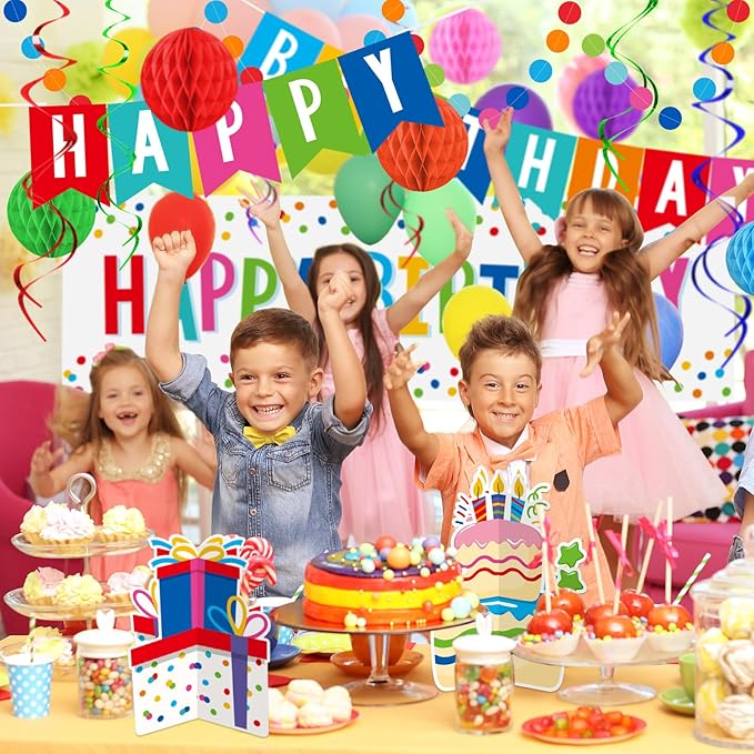 Happy Birthday Decorations Kit: Happy Birthday Banner,Birthday Dots Design Plastic Backdrop, Circle Confetti Garland, Swirl Streamers, Honeycomb Balls & Party Balloons - Table Centerpiece Set