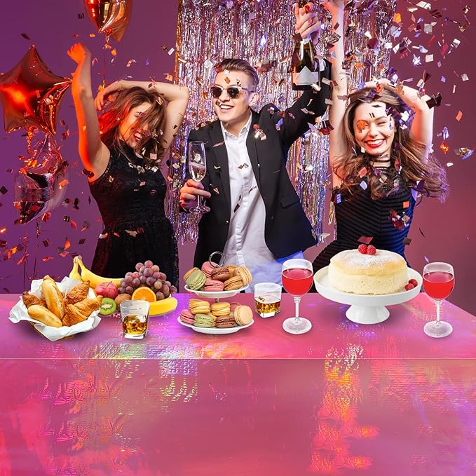 4 Pack Hot Pink Iridescence Plastic Tablecloths Shiny Disposable Laser Rectangle Table Covers Holographic Foil Tablecloth Iridescent Party Decorations Birthday Bridal Wedding Christmas, 54 x 108 Inch