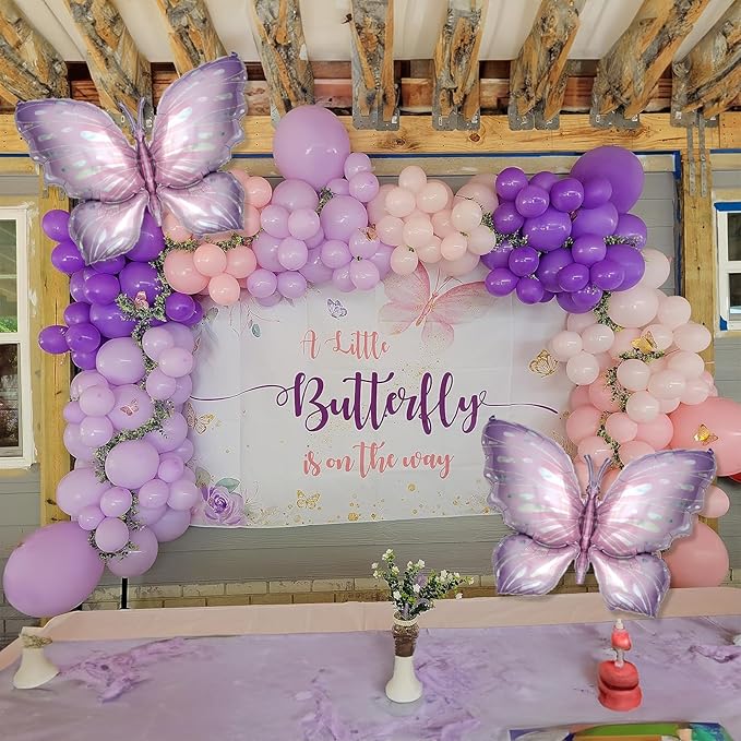 Butterfly Balloons Garland Arch Kit, 110pcs Purple Pink Balloon Arch Kit 18/10/5 Inch Lavender Maca Pink Balloon with Butterfly Sticker for Girl Women Birthday Baby Shower