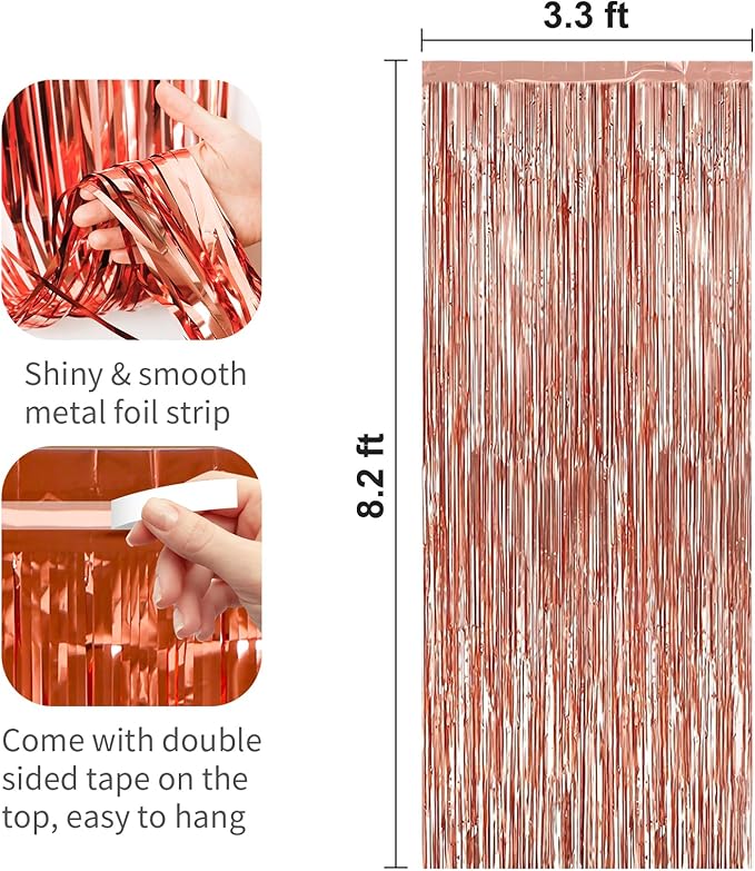 4 Pack Rose Gold Foil Fringe Curtains Door Streamers Party Decorations 3.3 x 8.2 ft, Tinsel Curtain Fringe Backdrop for Parties, Door Fringe Birthday Streamers, Photo Booth Backdrops, Party Decor