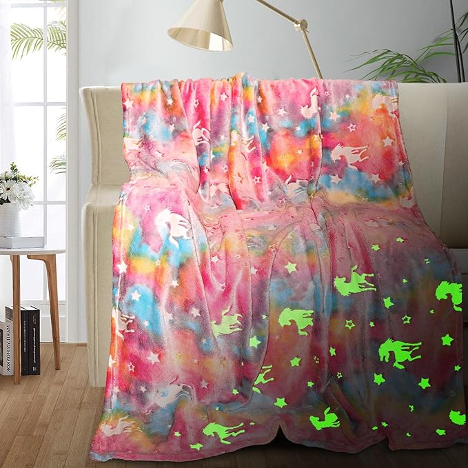 Unicorn Glow in The Dark Blanket for Girls/Kids, Soft Fleece Blanket Throw 50"x60" for Toddlers to Tweens