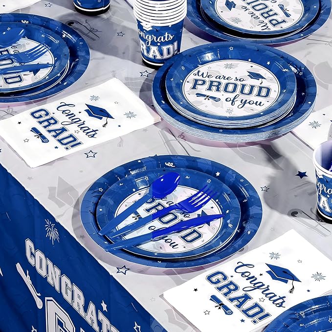 Graduation Party Supplies Congrats Grad Plates and Napkins Set Disposable Tableware Paper Plates Napkins Cups Knives Spoons Forks Straws for Class of 2026 Graduation Party Decorations Serve 25 (Blue)