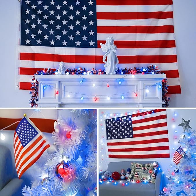 suddus Red White and Blue Lights, 100 Led Battery Powered String Lights, Globe String Lights for Flag, Backyard, Patio, Garden, Party, Bedroom, Living Room, Christmas, Classroom Decoration