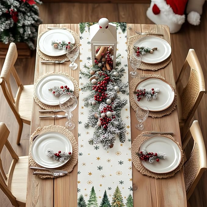 GEEORY Christmas Table Runner 13x72 Inch, Xmas Tees Snowflakes Holiday Decorative Farmhouse Table Decoration for Kitchen Dinning, Indoor Outdoor Dinner Party Decor (Light Green) GT166-72