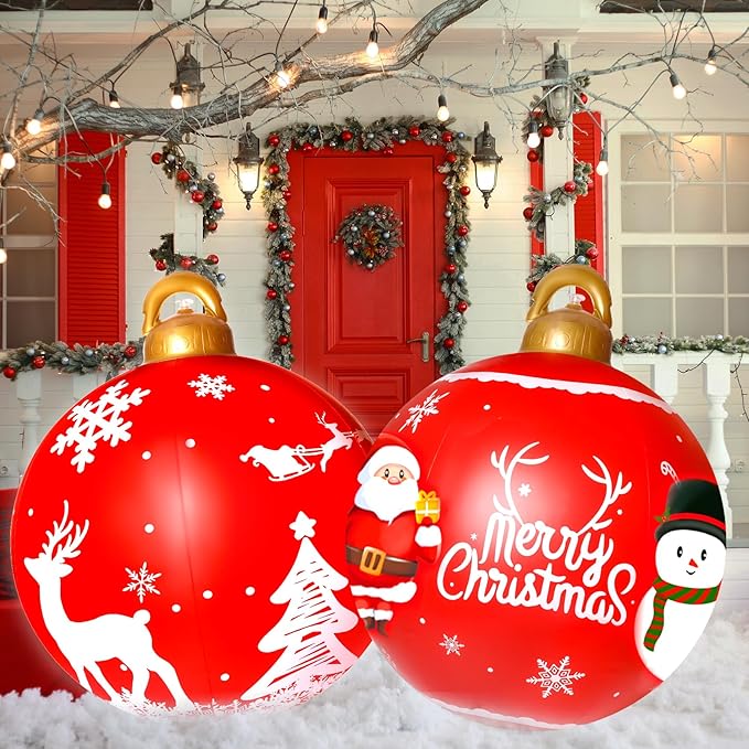 2PCS Christmas Inflatable Decorated Ball 24in Yard Inflatable Christmas Balls Giant Xmas Tree Ornaments PVC Blow up Yard Decorations for Outside Holiday Yard Lawn Porch Decor