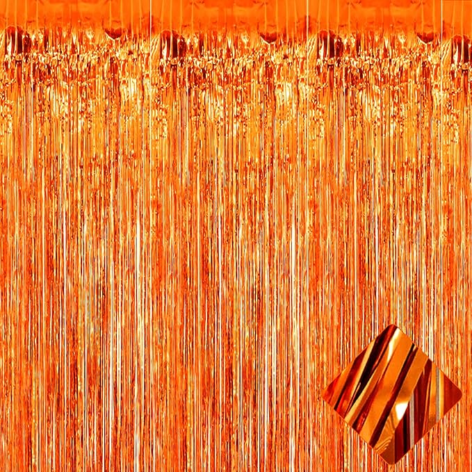 4 Pack 3.2Ft x 8.2Ft Orange Foil Fringe Curtain Backdrop, Metallic Tinsel Foil Fringe Streamers Curtains Background for Photo Booth, Birthday, Wedding, Disco, Bachelorette, Christmas Party Decoration