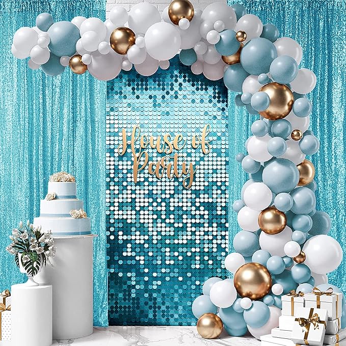 Hahuho Turquoise Sequin Backdrop Curtain, 4PCS 2FTx8FT Glitter Backdrop Curtain for Parties, Christmas, Wedding, Party Decoration（4 Panels, 2FT x 8FT, Turquoise