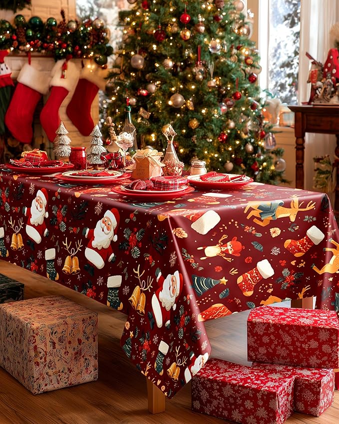Pureegg Plastic Table Cloth Disposable 8 Pack, 54 x 108 Inch Rectangle Tablecloths, Sturdy Leakproof Plastic Covers for Party, Picnic, Wedding, Winter & Xmas Decoration, Christmas Red
