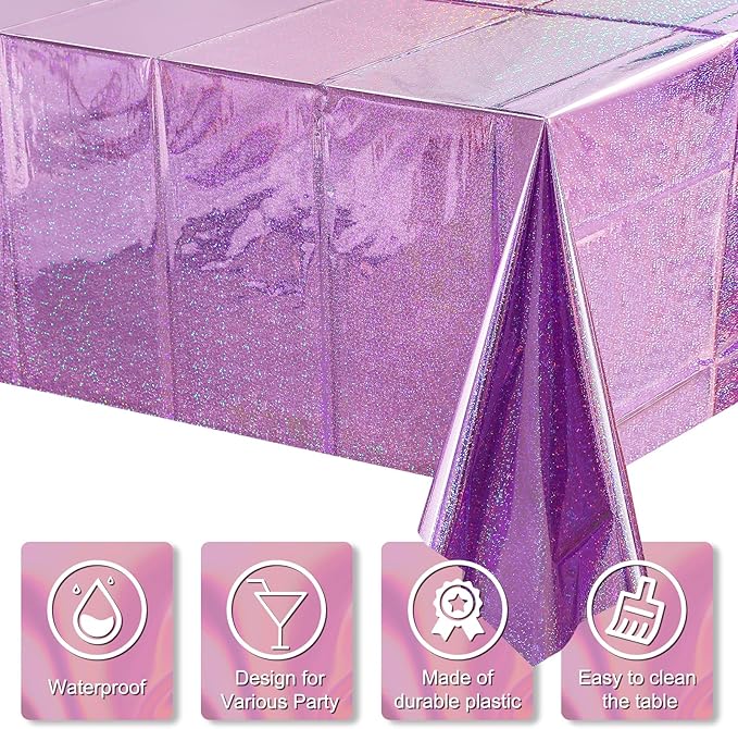 8 Pack Iridescent Light Purple Plastic Tablecloths Shiny Disposable Laser Rectangle Table Covers Holographic Foil Tablecloth Iridescent Kpop Birthday Bridal Wedding Party Decoration, 54 x 108 Inch