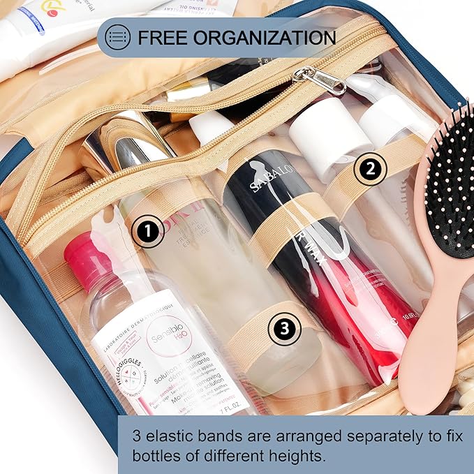 Travel Hanging Toiletry Bag for Women, Extra Large Makeup Bag, Holds Full-Size Shampoo, with Jewelry Organizer Compartment, Waterproof Cosmetic Bag, Toiletries Kit Set with Trolley Belt, Navy Blue