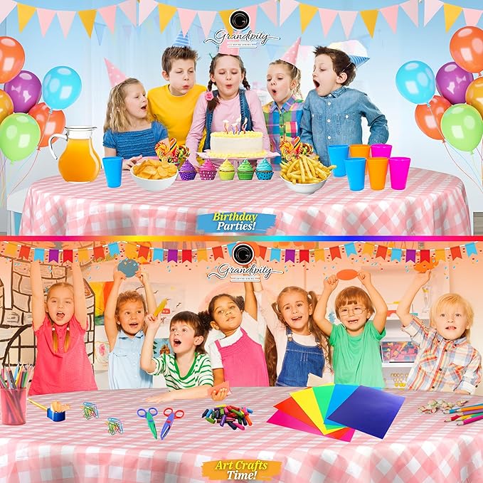 Grandipity 12 Pack Premium Disposable Plastic Tablecloth 84" Inch Decorative Round Table Cover - Pink Checkered Gingham
