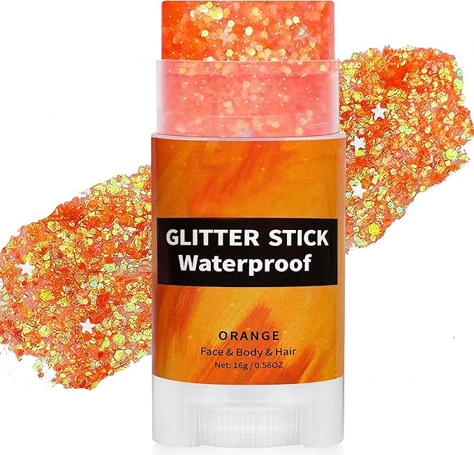 Orange Face Glitter Stick,Halloween Body Hair Glitter for Kids,Waterproof Singer Concert Outfits for Women,Mardi Gras Accessories Chunky Glitter Makeup Sequins Body Paint